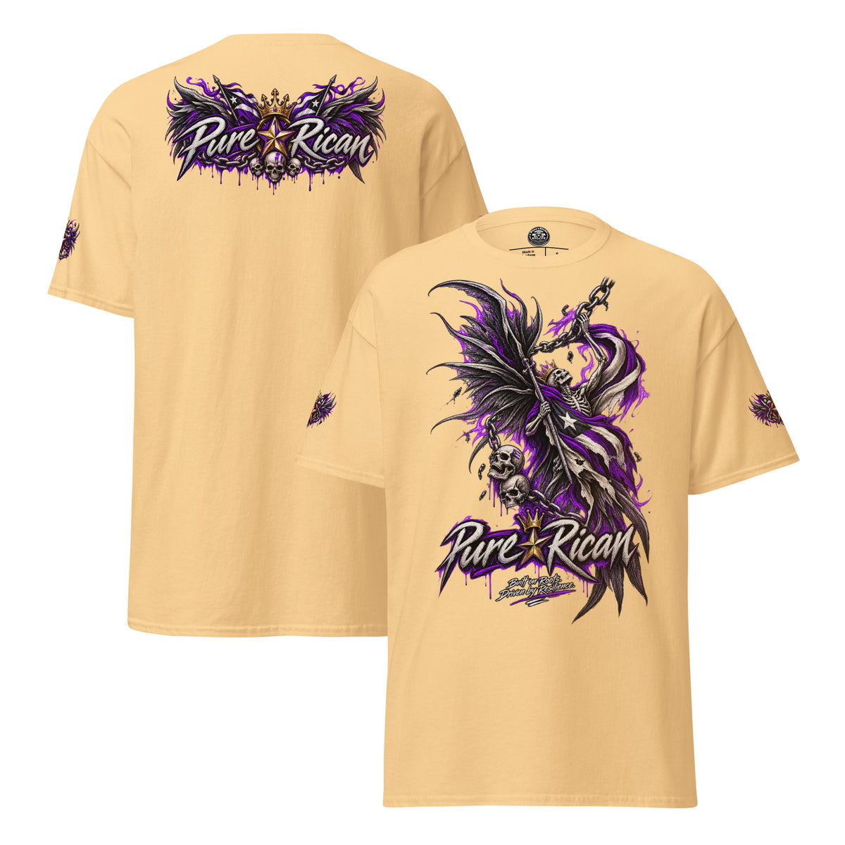 Pure⭐️Rican Winged Reaper Resilience Tee in Yellow Haze showing large front reaper artwork, winged crown back graphic, and sleeve details