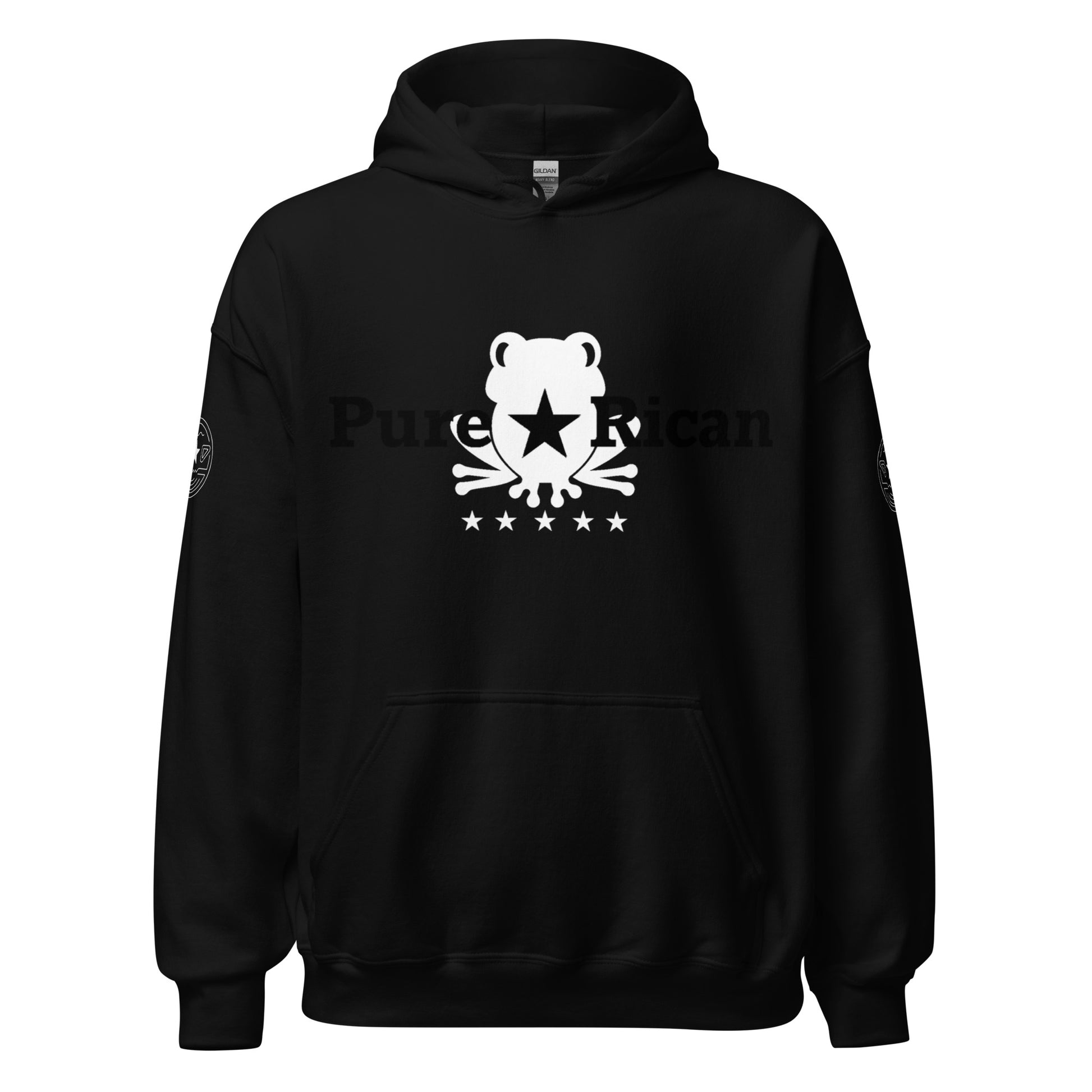 Pure⭐️Rican black and white hoodie with white frog logo and PR flag sleeve design