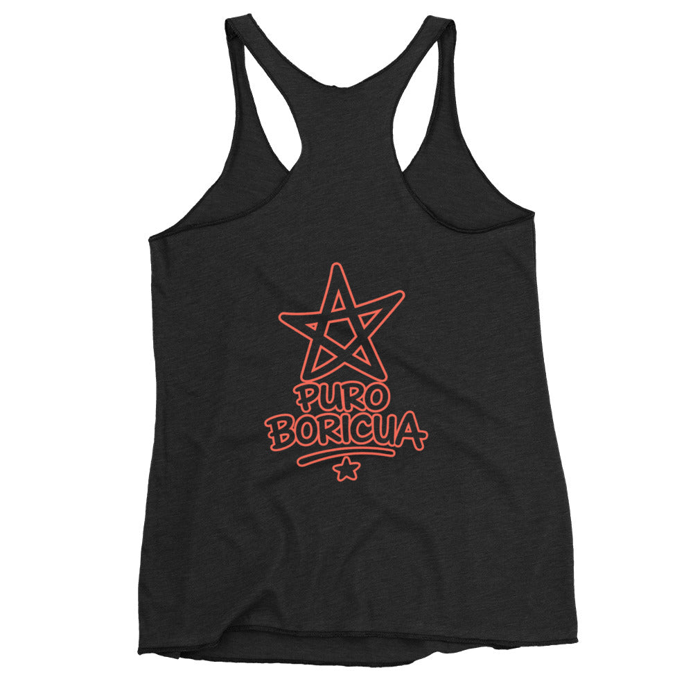 Puro Boricua women’s racerback tank back view featuring bold PURO BORICUA graphic