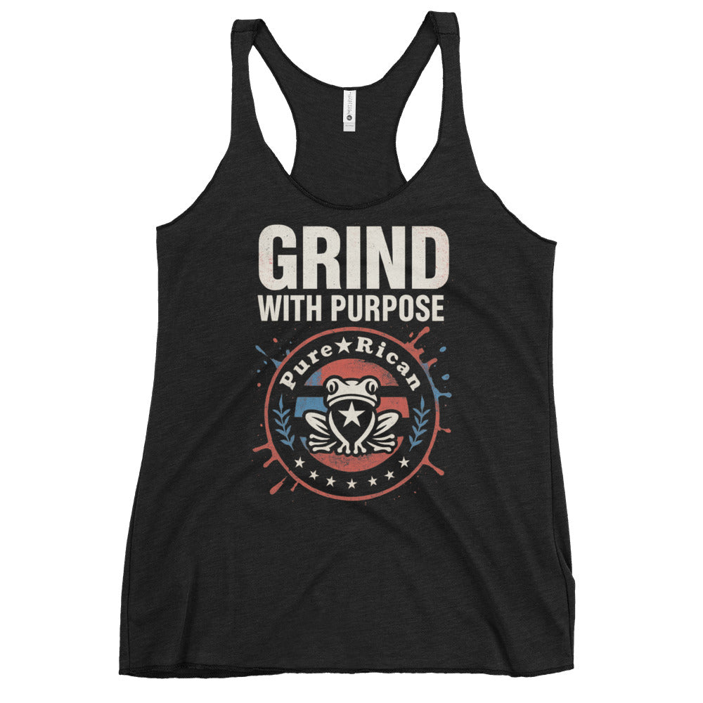 Puro Boricua Grind With Purpose women’s racerback tank front view with statement graphic